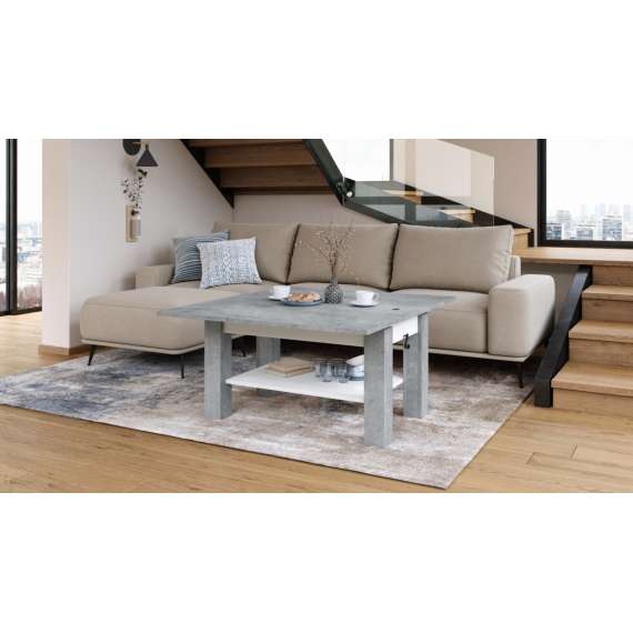 Sofabord BRAWO 110x60-120x60-72 cm - betong - hvit matt - hev/senk