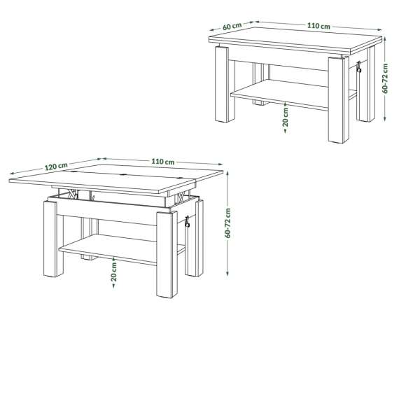 Sofabord BRAWO 110x60-120x60-72 cm - betong - hvit matt - hev/senk