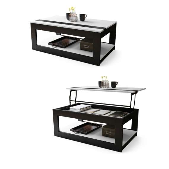 Sofabord LUSSO 112x60x 45-71 cm - hvit matt - svart matt - hylle - oppbevaringsplass