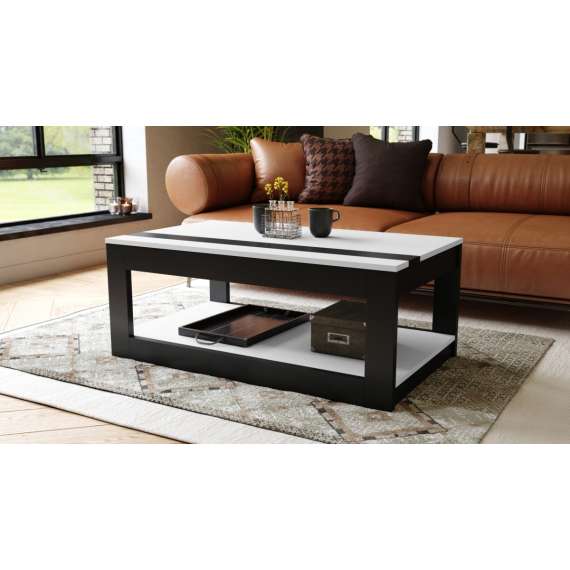 Sofabord LUSSO 112x60x 45-71 cm - hvit matt - svart matt - hylle - oppbevaringsplass