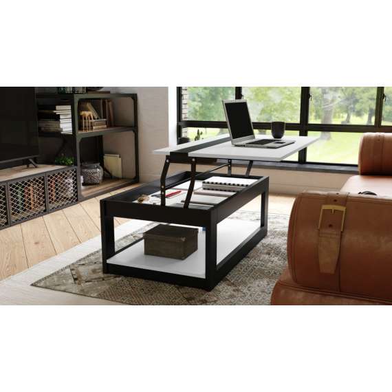 Sofabord LUSSO 112x60x 45-71 cm - hvit matt - svart matt - hylle - oppbevaringsplass