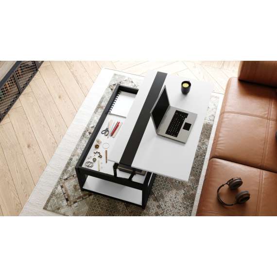 Sofabord LUSSO 112x60x 45-71 cm - hvit matt - svart matt - hylle - oppbevaringsplass