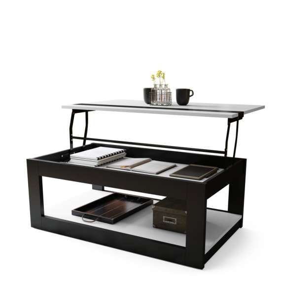 Sofabord LUSSO 112x60x 45-71 cm - hvit matt - svart matt - hylle - oppbevaringsplass