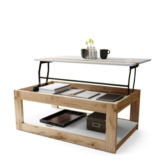 Sofabord LUSSO 112x60x 45-71 cm - eik wotan - hvit matt - hylle - oppbevaringsplass
