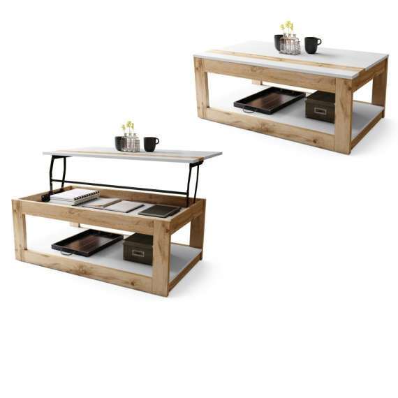 Sofabord LUSSO 112x60x 45-71 cm - eik wotan - hvit matt - hylle - oppbevaringsplass
