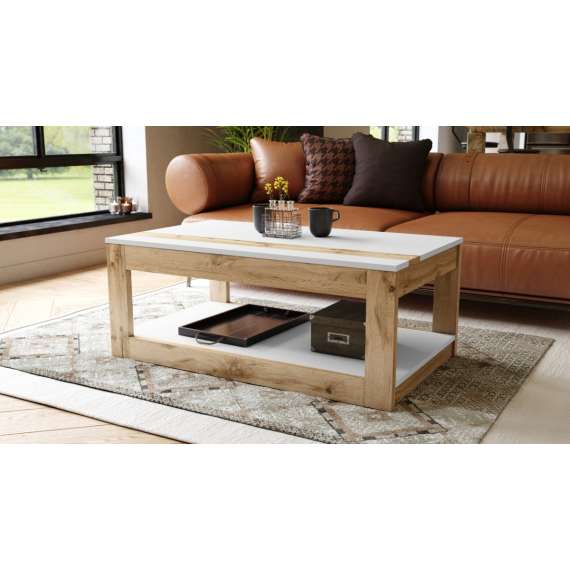 Sofabord LUSSO 112x60x 45-71 cm - eik wotan - hvit matt - hylle - oppbevaringsplass