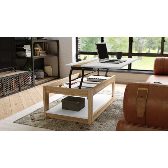 Sofabord LUSSO 112x60x 45-71 cm - eik wotan - hvit matt - hylle - oppbevaringsplass