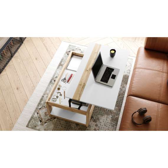 Sofabord LUSSO 112x60x 45-71 cm - eik wotan - hvit matt - hylle - oppbevaringsplass