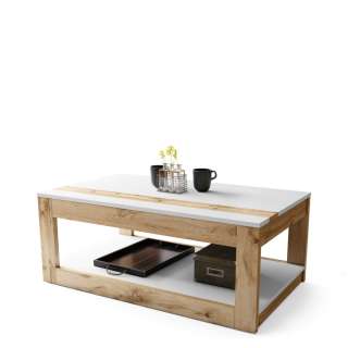 Sofabord LUSSO 112x60x 45-71 cm - eik wotan - hvit matt - hylle - oppbevaringsplass