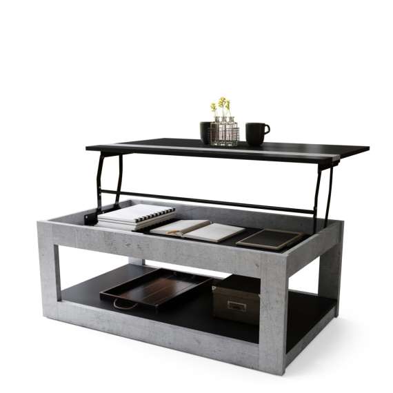 Sofabord LUSSO 112x60x 45-71 cm - betong - svart matt - hylle - oppbevaringsplass