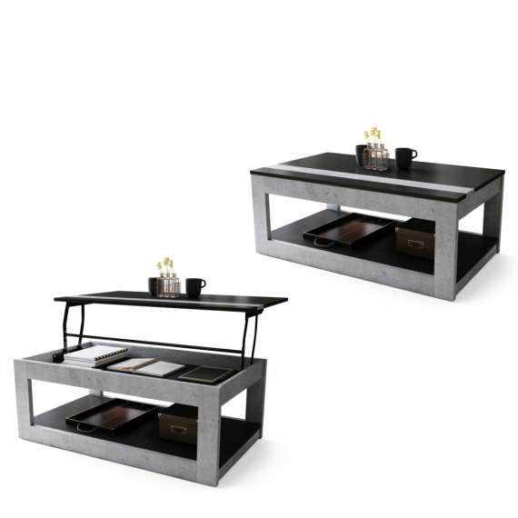 Sofabord LUSSO 112x60x 45-71 cm - betong - svart matt - hylle - oppbevaringsplass