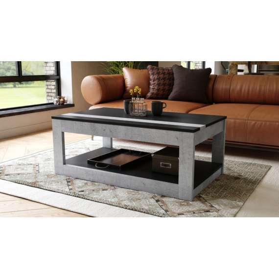 Sofabord LUSSO 112x60x 45-71 cm - betong - svart matt - hylle - oppbevaringsplass