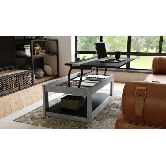 Sofabord LUSSO 112x60x 45-71 cm - betong - svart matt - hylle - oppbevaringsplass