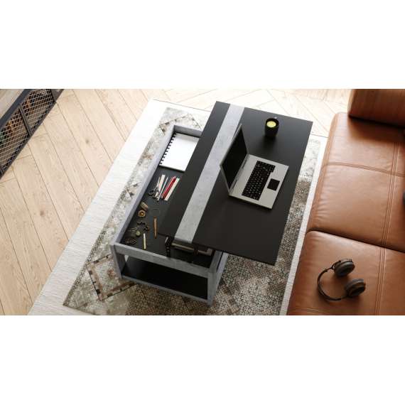 Sofabord LUSSO 112x60x 45-71 cm - betong - svart matt - hylle - oppbevaringsplass