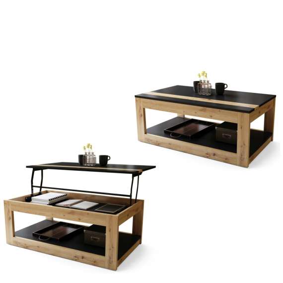 Sofabord LUSSO 112x60x 45-71 cm - svart matt - eik artisan - hylle - oppbevaringsplass