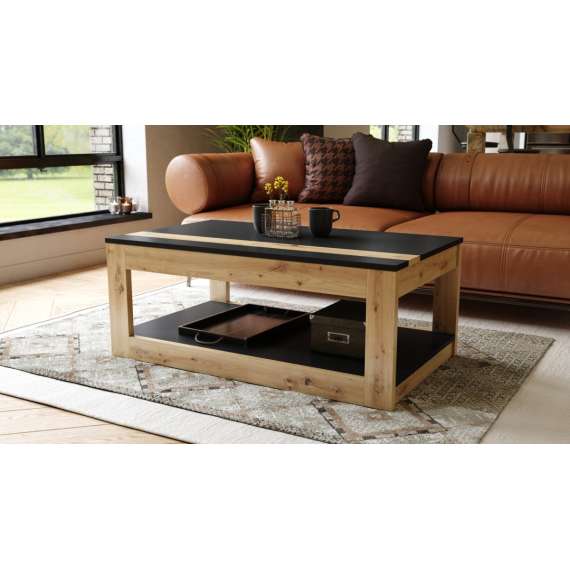 Sofabord LUSSO 112x60x 45-71 cm - svart matt - eik artisan - hylle - oppbevaringsplass