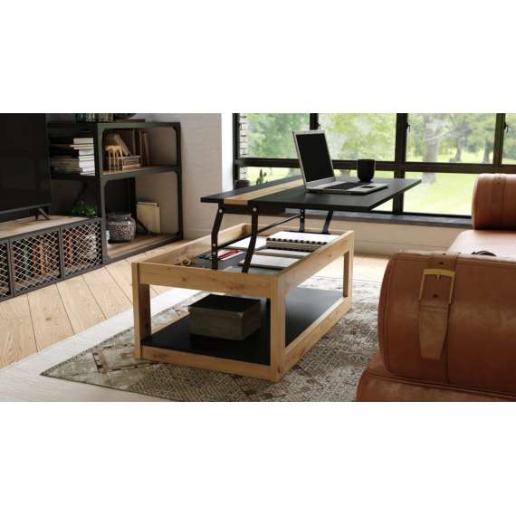Sofabord LUSSO 112x60x 45-71 cm - svart matt - eik artisan - hylle - oppbevaringsplass