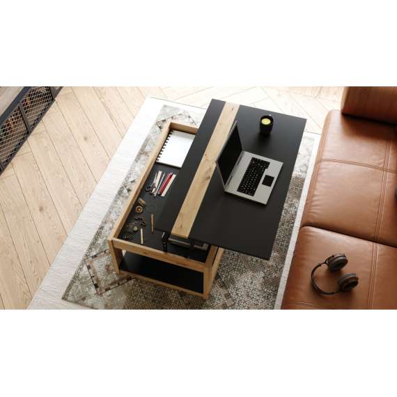 Sofabord LUSSO 112x60x 45-71 cm - svart matt - eik artisan - hylle - oppbevaringsplass