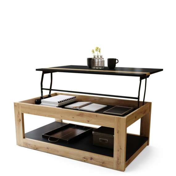 Sofabord LUSSO 112x60x 45-71 cm - svart matt - eik artisan - hylle - oppbevaringsplass