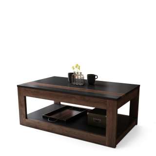 Sofabord LUSSO 112x60x 45-71 cm - svart matt - eik brun - hylle - oppbevaringsplass