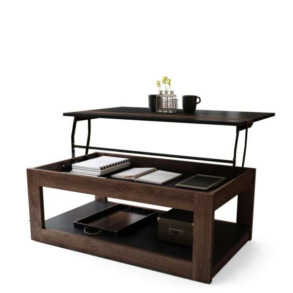 Sofabord LUSSO 112x60x 45-71 cm - svart matt - eik brun - hylle - oppbevaringsplass