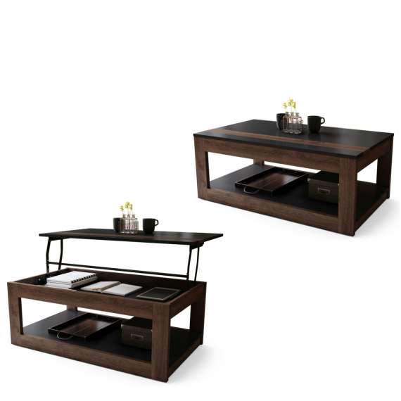 Sofabord LUSSO 112x60x 45-71 cm - svart matt - eik brun - hylle - oppbevaringsplass