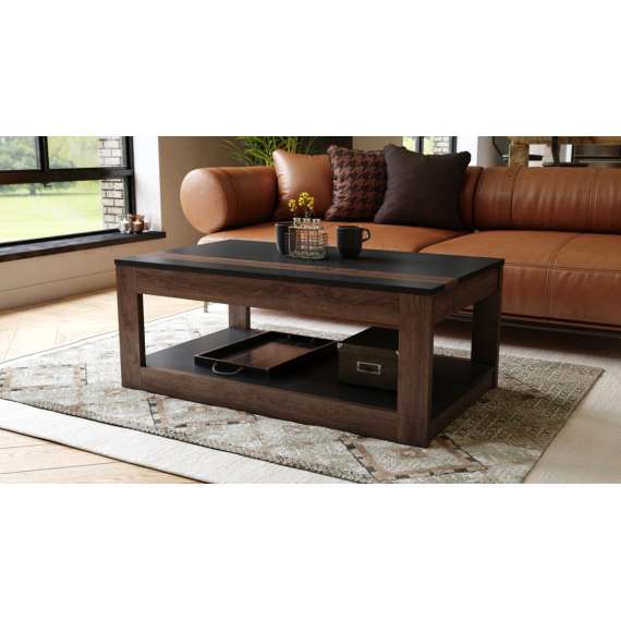 Sofabord LUSSO 112x60x 45-71 cm - svart matt - eik brun - hylle - oppbevaringsplass