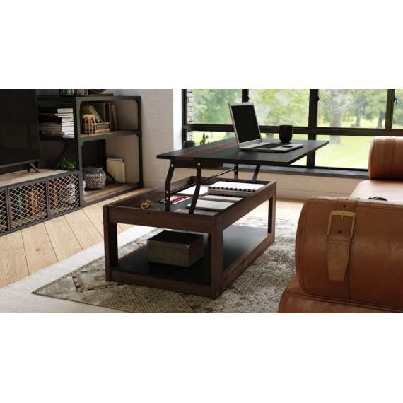 Sofabord LUSSO 112x60x 45-71 cm - svart matt - eik brun - hylle - oppbevaringsplass