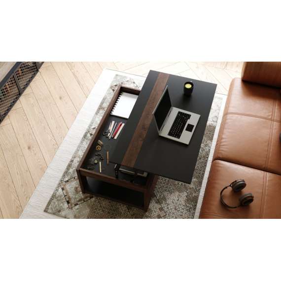 Sofabord LUSSO 112x60x 45-71 cm - svart matt - eik brun - hylle - oppbevaringsplass