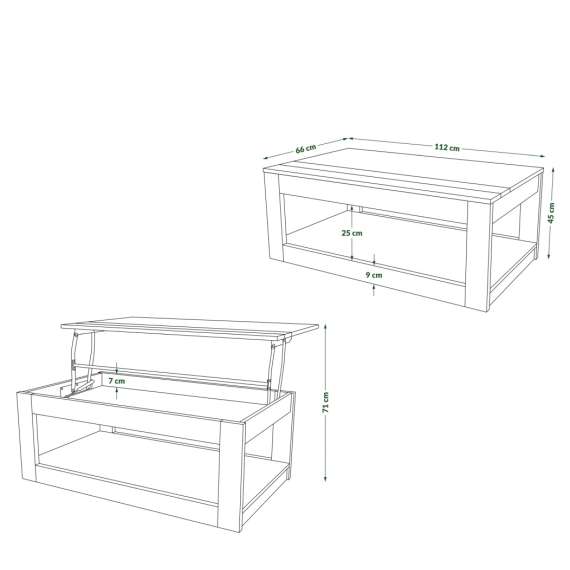 Sofabord LUSSO 112x60x 45-71 cm eik artisan - svart matt - hylle - oppbevaringsplass