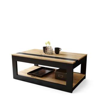 Sofabord LUSSO 112x60x 45-71 cm eik artisan - svart matt - hylle - oppbevaringsplass