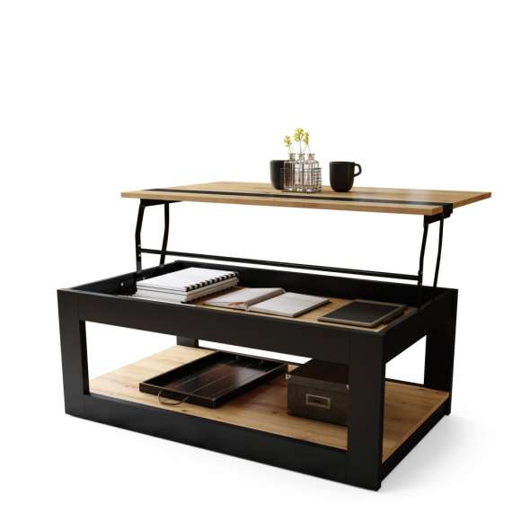 Sofabord LUSSO 112x60x 45-71 cm eik artisan - svart matt - hylle - oppbevaringsplass
