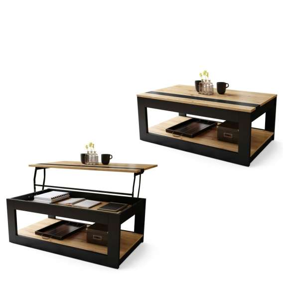Sofabord LUSSO 112x60x 45-71 cm eik artisan - svart matt - hylle - oppbevaringsplass