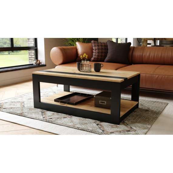 Sofabord LUSSO 112x60x 45-71 cm eik artisan - svart matt - hylle - oppbevaringsplass