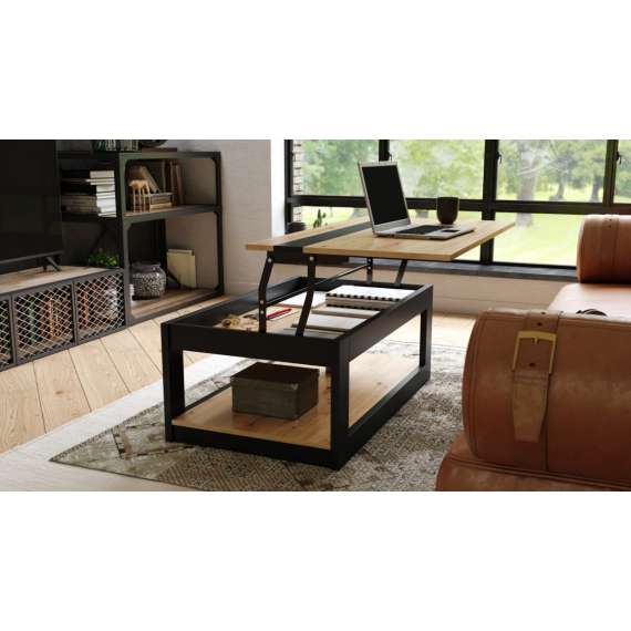 Sofabord LUSSO 112x60x 45-71 cm eik artisan - svart matt - hylle - oppbevaringsplass