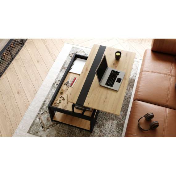 Sofabord LUSSO 112x60x 45-71 cm eik artisan - svart matt - hylle - oppbevaringsplass