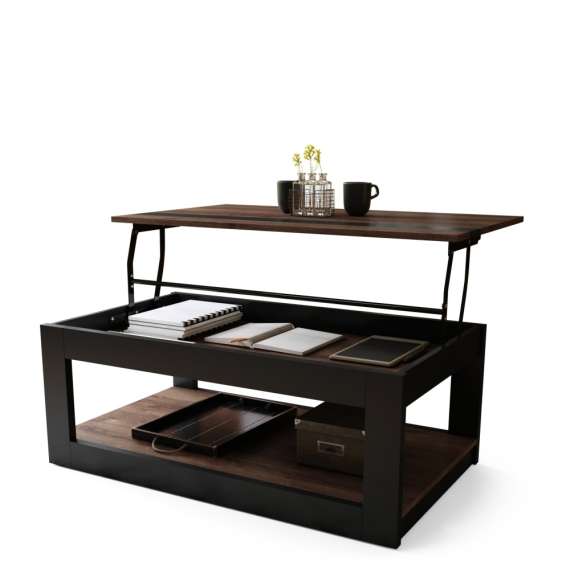 Sofabord LUSSO 112x60x45-71 cm - eik brun - svart matt - hylle - oppbevaringsplass