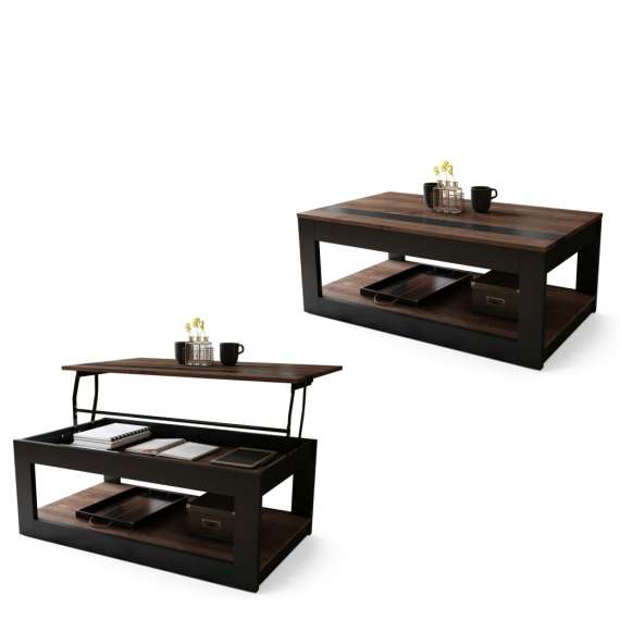 Sofabord LUSSO 112x60x45-71 cm - eik brun - svart matt - hylle - oppbevaringsplass