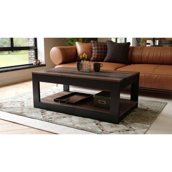 Sofabord LUSSO 112x60x45-71 cm - eik brun - svart matt - hylle - oppbevaringsplass