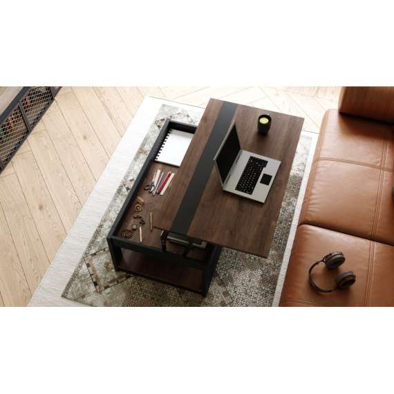 Sofabord LUSSO 112x60x45-71 cm - eik brun - svart matt - hylle - oppbevaringsplass