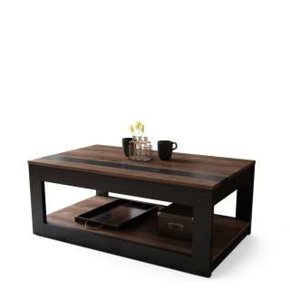 Sofabord LUSSO 112x60x45-71 cm - eik brun - svart matt - hylle - oppbevaringsplass