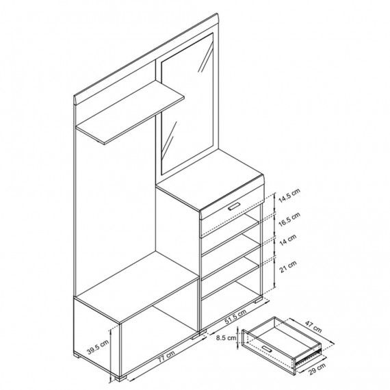 Entregarderobe - Skoskap Bella  - Eikelook - Hvit