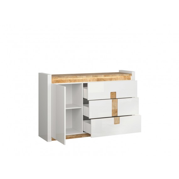 Skjenk Modea 147 cm - Hvit Høyglans - Trelook - Led lys