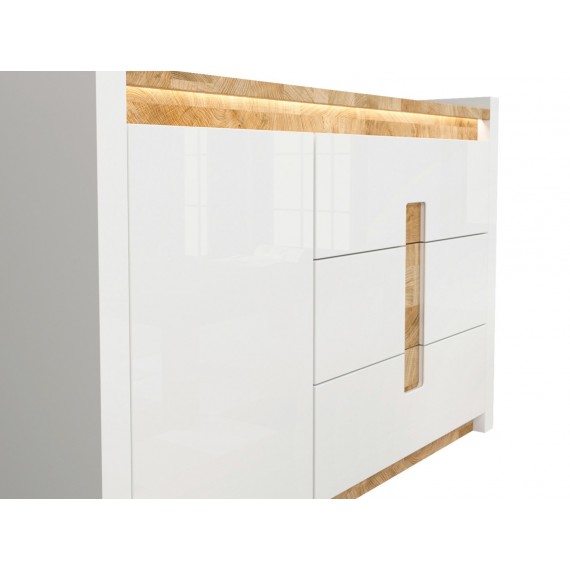 Skjenk Modea 147 cm - Hvit Høyglans - Trelook - Led lys