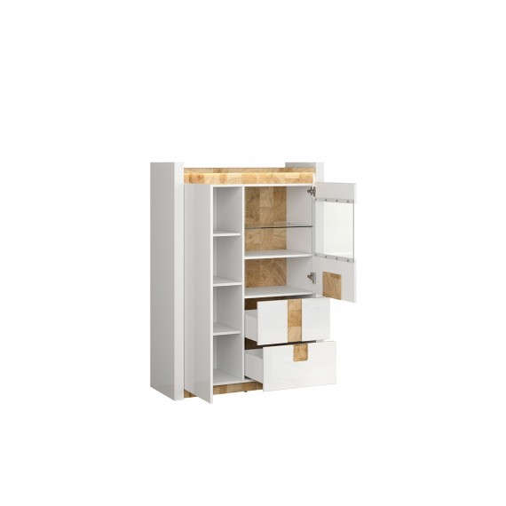 Vitrine Modea 102 cm - Hvit Høyglans - Trelook - Led lys