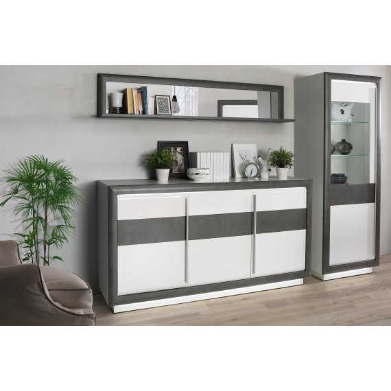 Vegghylle med speil Connie 193 cm - Hvit høyglans - Mørk betong