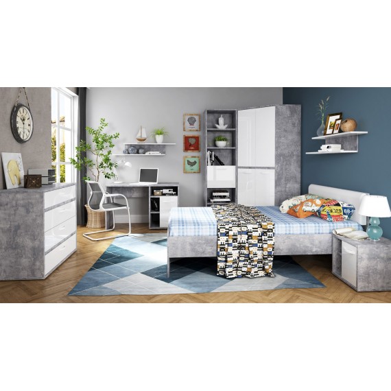 Hjørnegarderobe Orion 92 cm - Hvit høyglans - Grå Betong