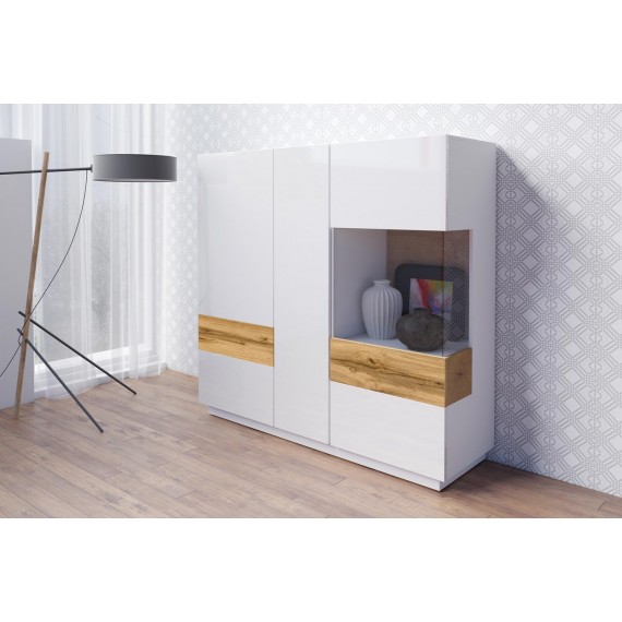 Vitrineskap Mateo 130x139 cm - Hvit Høyglans - Trelook