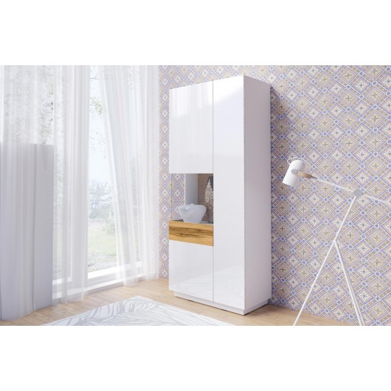 Vitrineskap Mateo 80x207 cm - Hvit Høyglans - Trelook