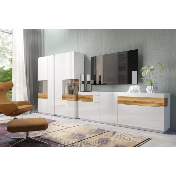 Vitrineskap Mateo 80x207 cm - Hvit Høyglans - Trelook